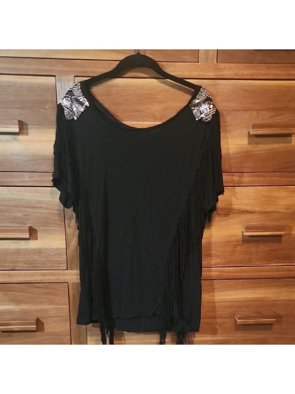 French Connection Black Relaxed Fringe  Beaded Embellished Eclectic Tee Sz Small